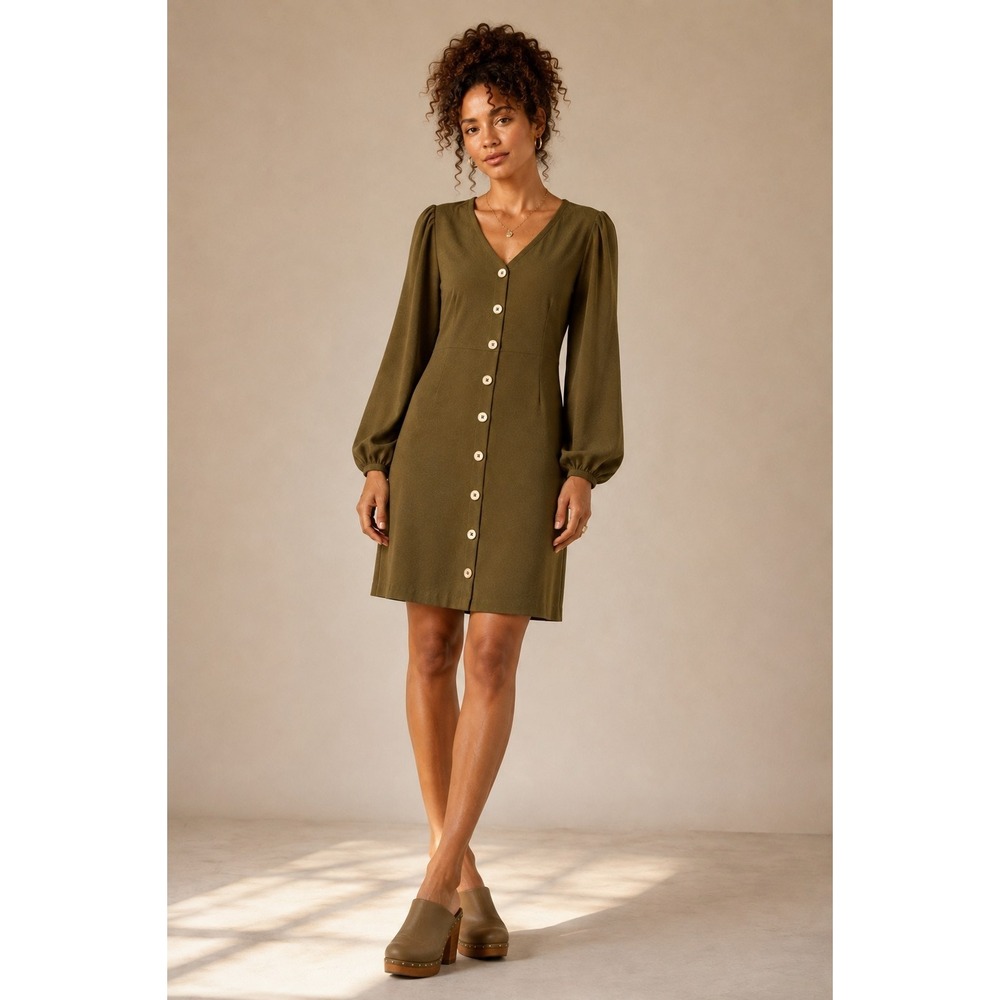 Madewell Texture & Thread Olive Green Button Front Puff Sleeve Mini Dress Size M